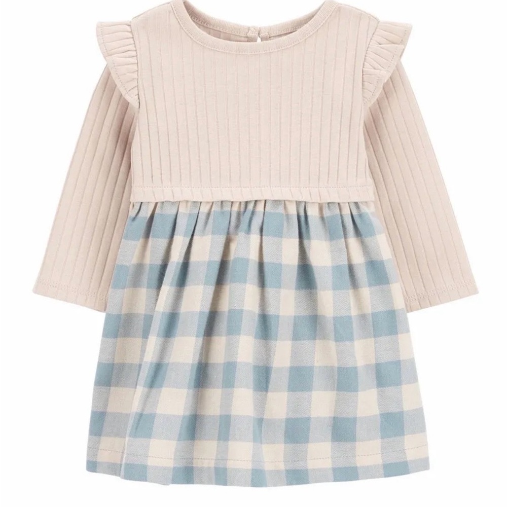 Girls Cream & Light Blue Gingham Knit Bodice Dress